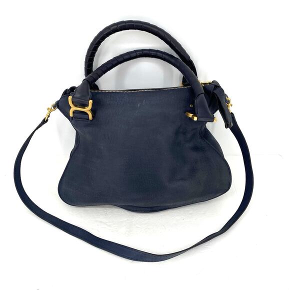 Chloe Marcie Graphite Suede Calfskin Satchel Medium Navy Blue Double Carry Bag - Picture 16 of 16